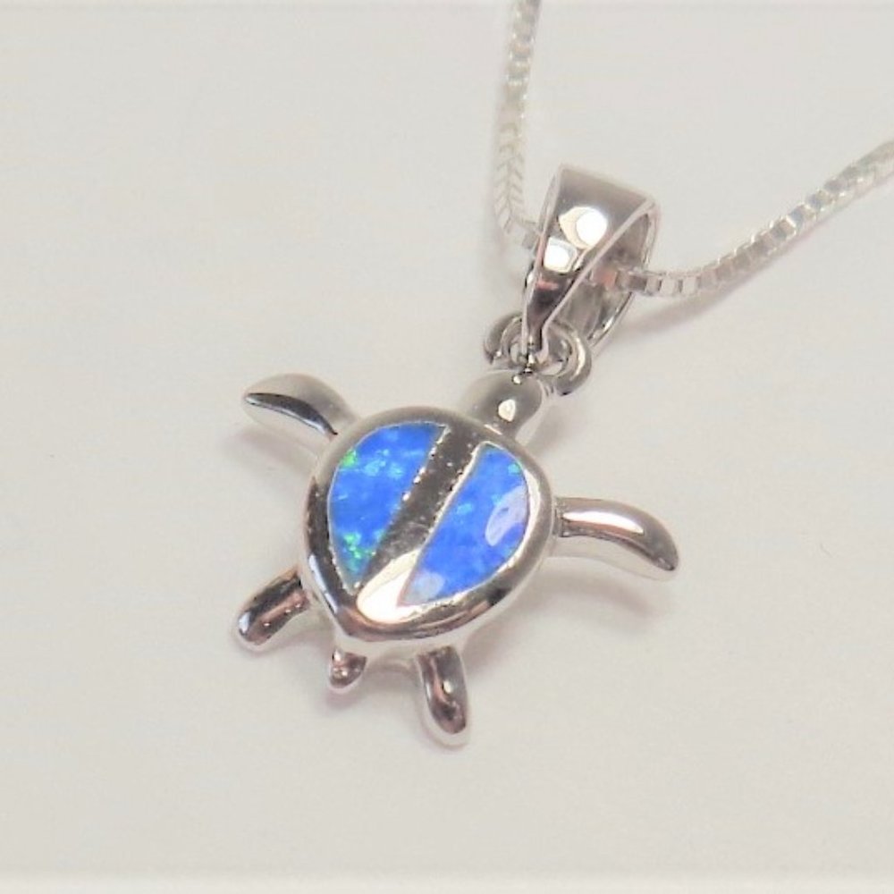 STERLING SILVER NAUTICAL SEA TURTLE BLUE OPAL GEMSTONE SEA LIFE PENDANT NECKLACE